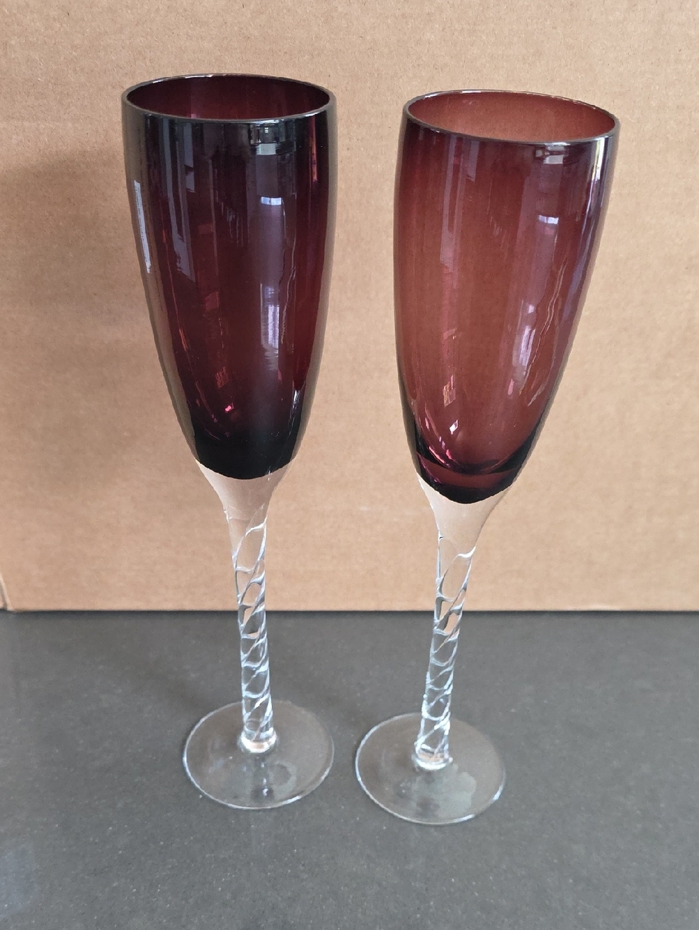 Amethyst Ombre Champagne Flutes with Twisted Clear Stems - Set of 2